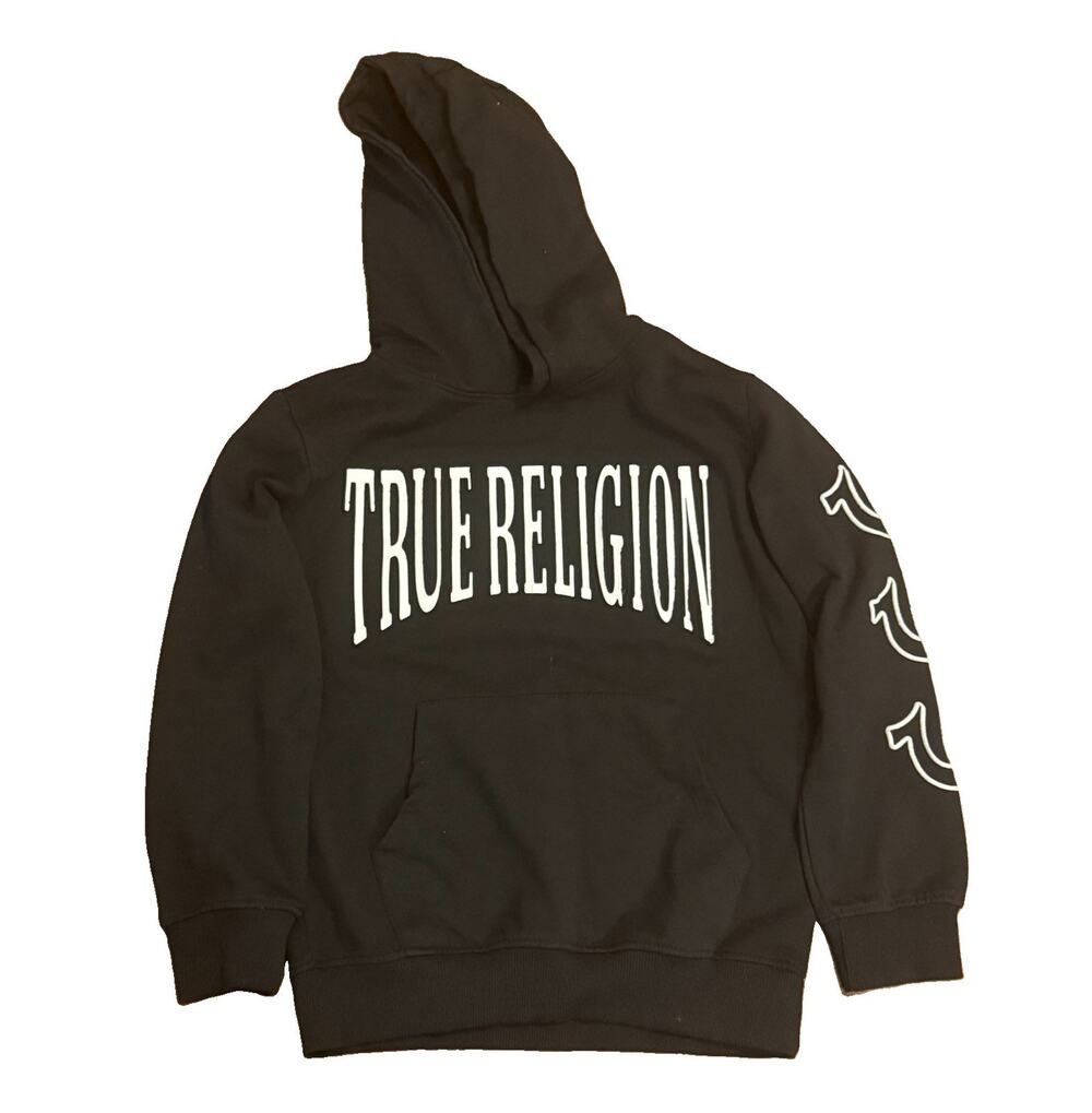 True Religion Black Pullover Hoodie Graphic Logo Sleeve Print Pockets Youth M